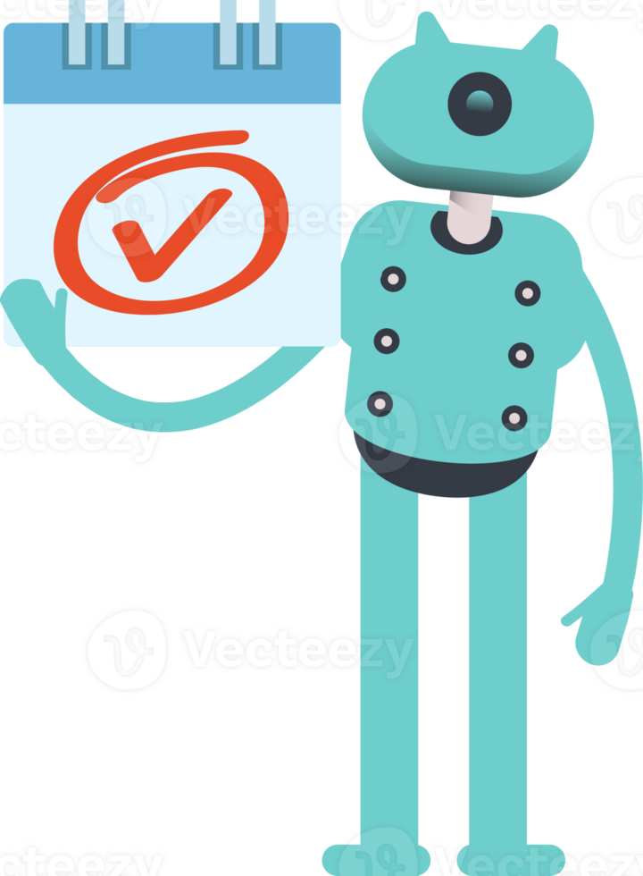 Cute Humanoid Robot Character and Check Mark Sign png