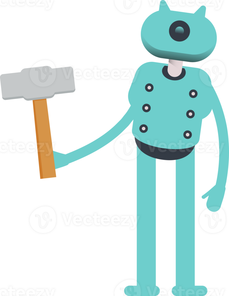 Cute Humanoid Robot Character Holding Hammer Tool png