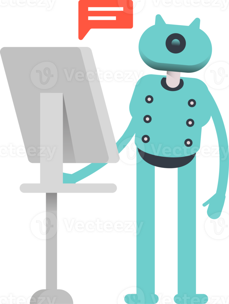 Cute Humanoid Robot Character Working on Computer png