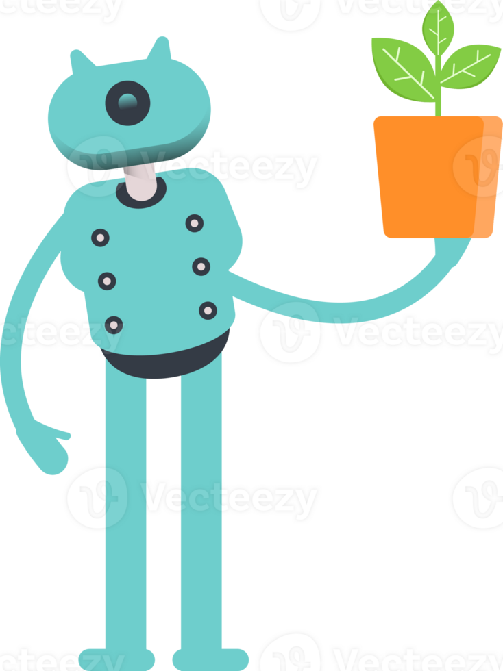 Cute Humanoid Robot Character Holding Plant Pot png