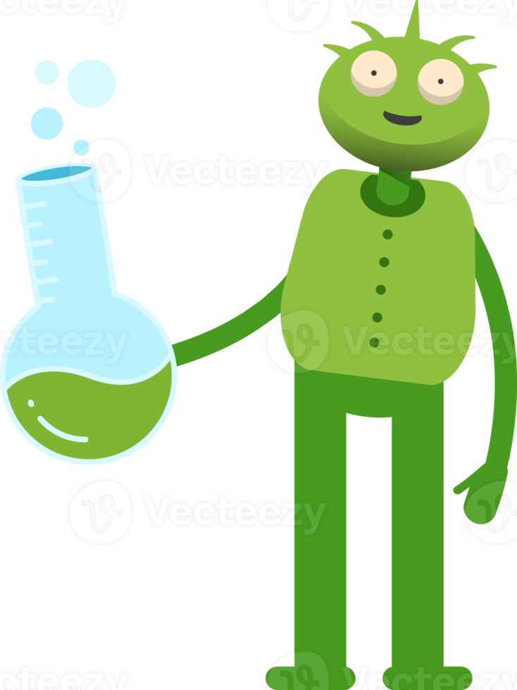 Cute Green Monster Character Holding Lab Flask png