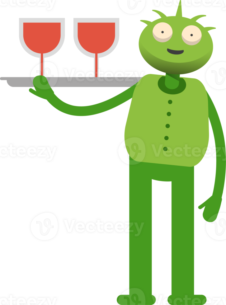 Cute Green Monster Character Serving Wine Illustration png