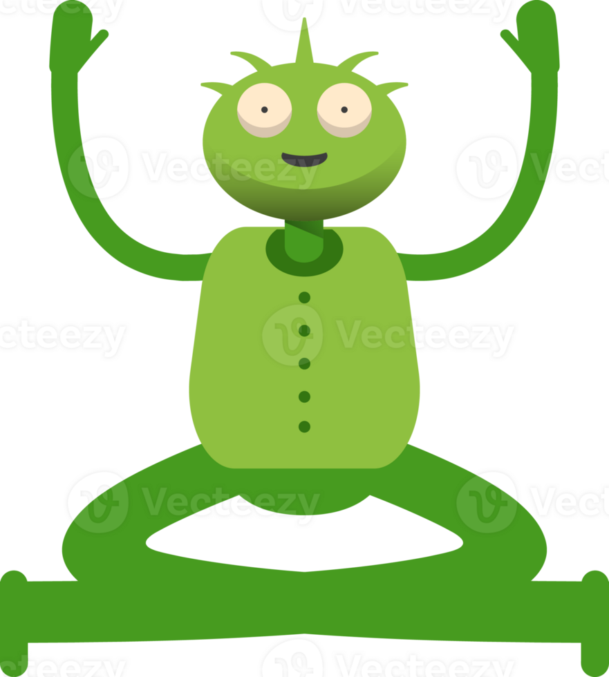Cute Green Monster Character Sitting and Rising Hands Illustration png