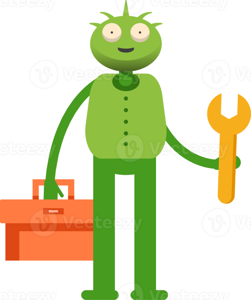 Cute Green Monster Character Holding Toolbox and Wrench png