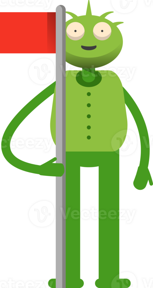 Cute Green Monster Character Holding Flag Pole png
