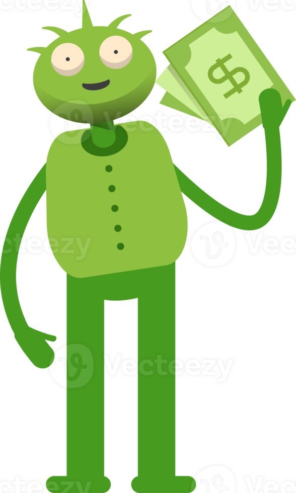 Cute Green Monster Character Holding Dollar Banknotes png