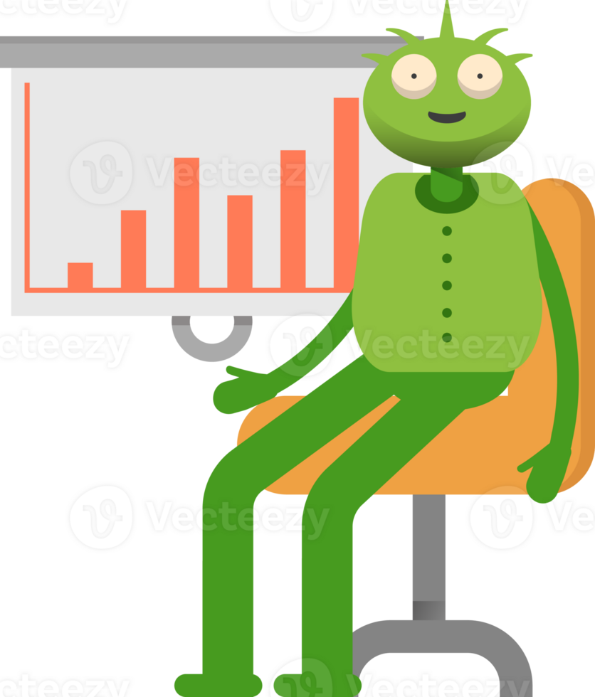 Cute Green Monster Character Presenting Bar Chart png