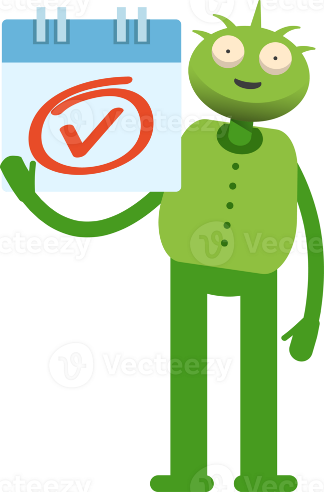 Cute Green Monster Character and Check Mark Sign png