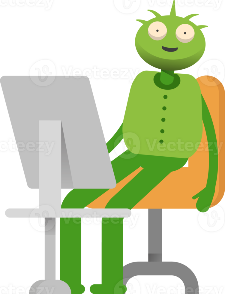 Cute Green Monster Character Working on Desktop png