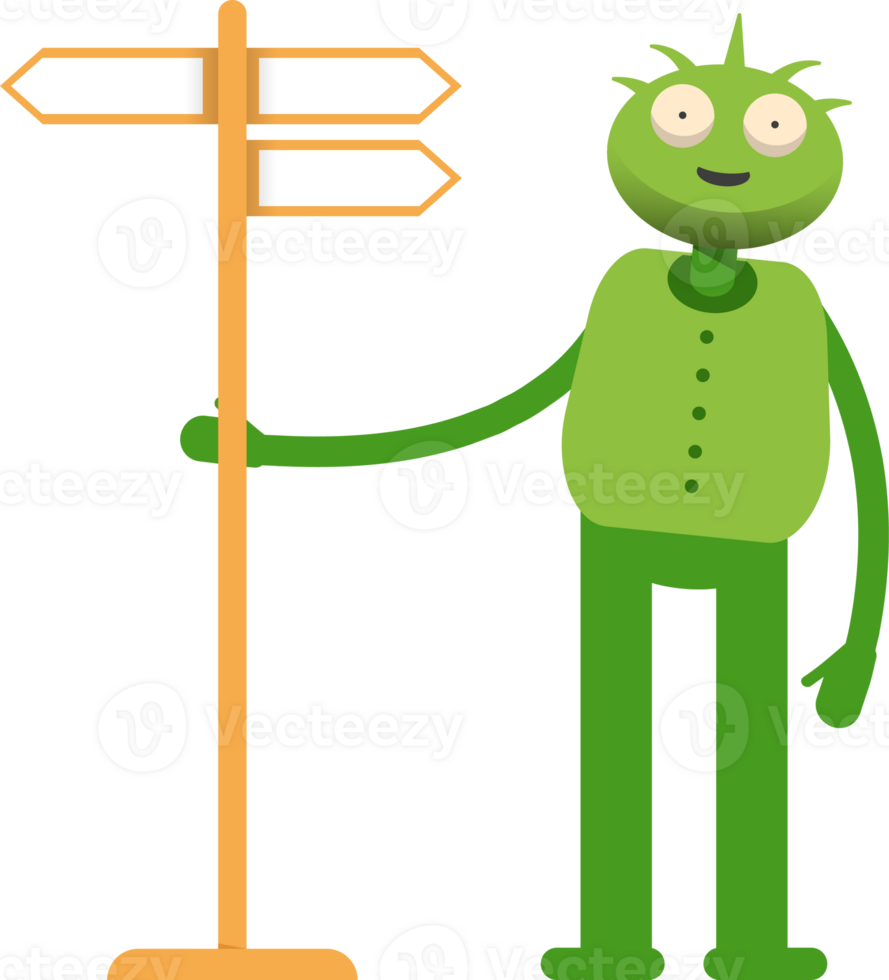 Cute Green Monster Character and Signpost png