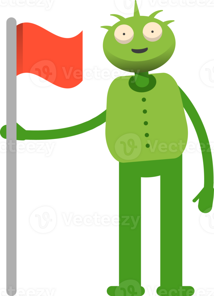 Cute Green Monster Character Holding Waving Flag png
