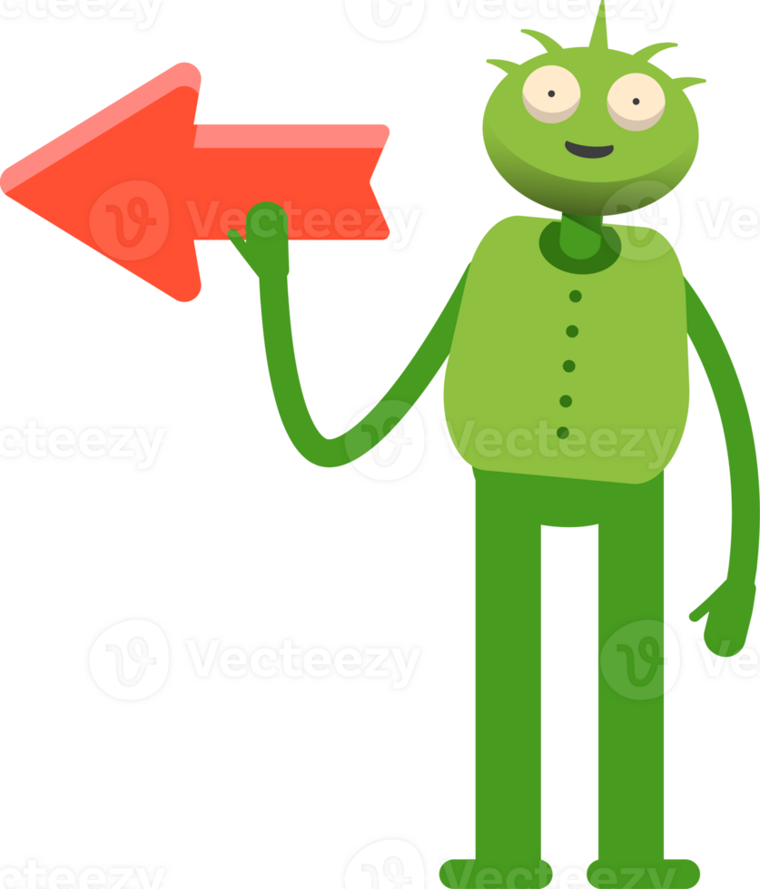 Cute Green Monster Character and Arrow Sign png