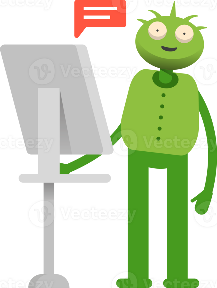 Cute Green Monster Character Working on Computer png