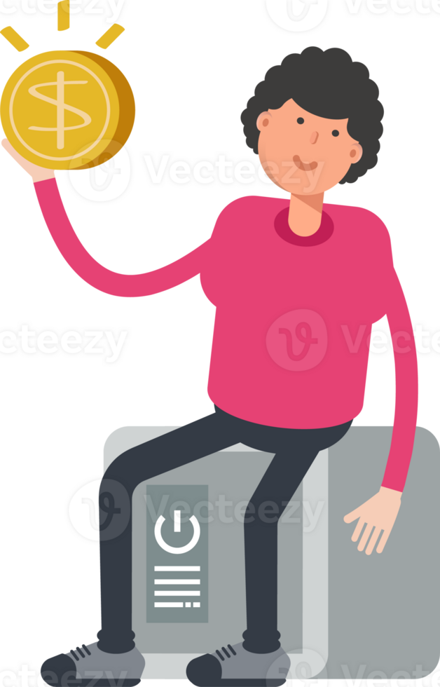 Afro Hairstyle Man Character Sitting on Safe and Holding Dollar Coin png