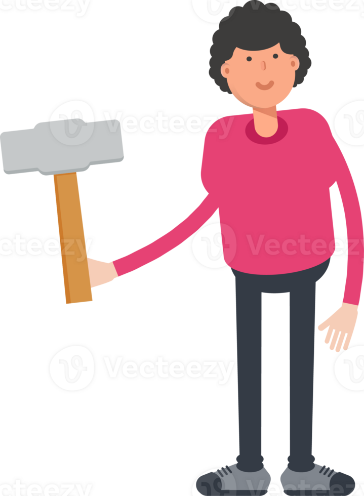 Afro Hairstyle Man Character Holding Hammer Tool png