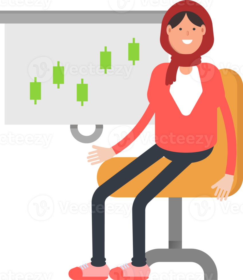 Arab Woman Character Presenting Candlestick Chart png