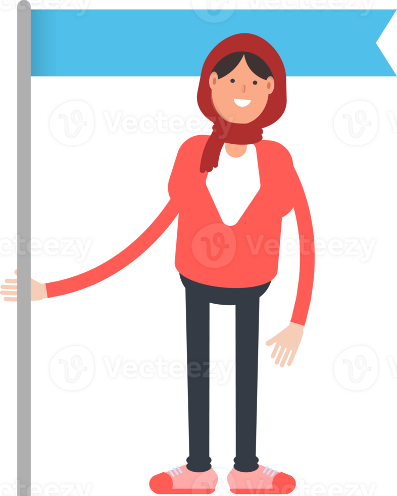 Arab Woman Character Holding Blue Flag Pole png