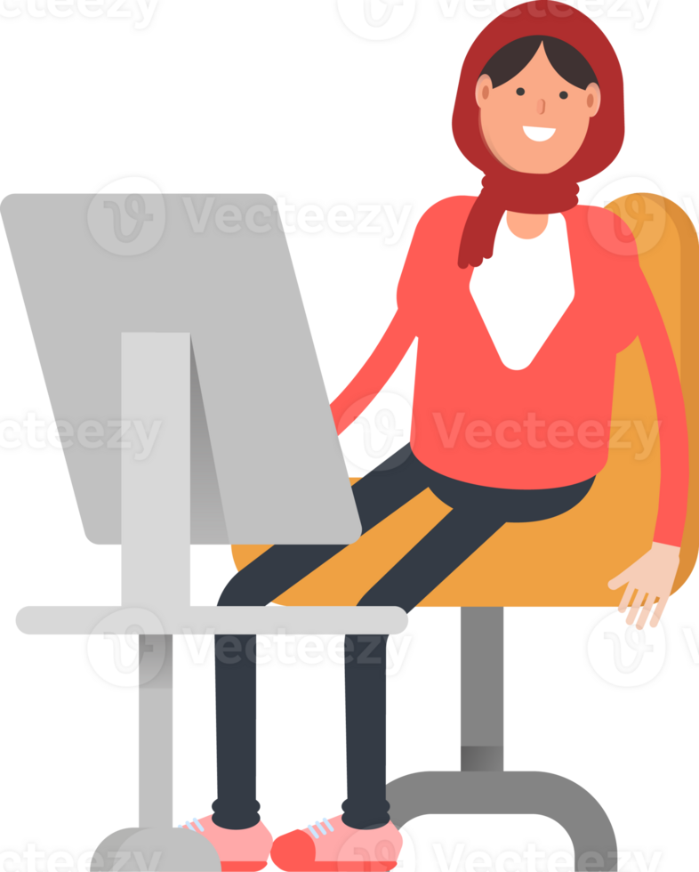 Arab Woman Character Working on Desktop png