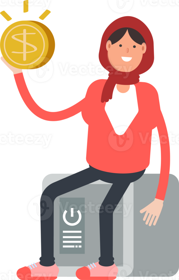 Arab Woman Character Sitting on Safe and Holding Dollar Coin png