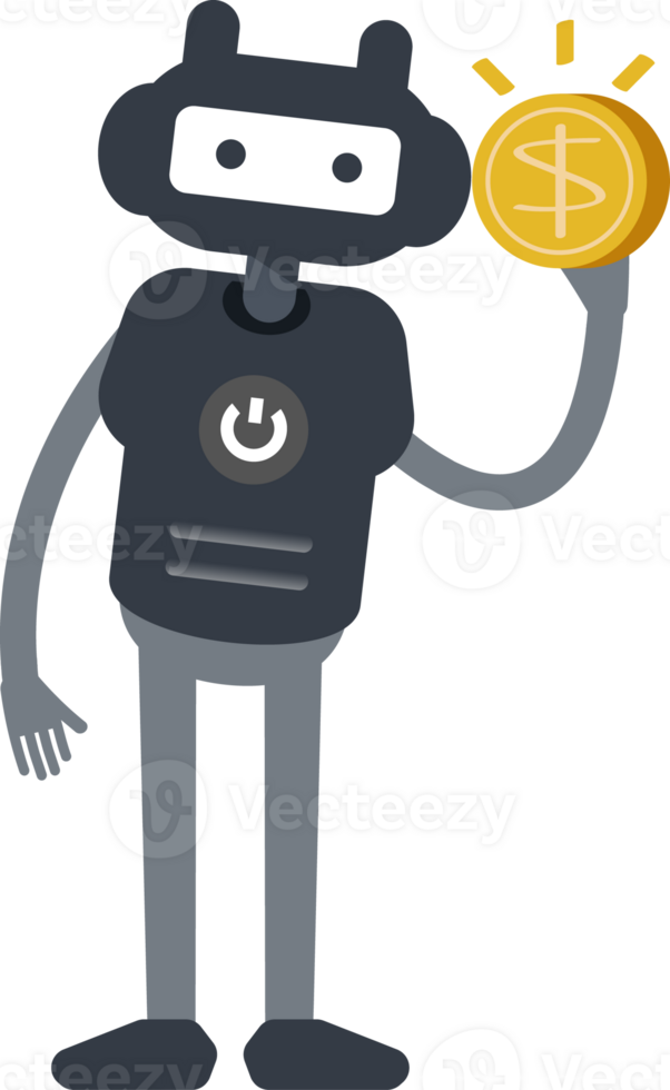 Cute Black Humanoid Robot Character Holding Dollar Coin png