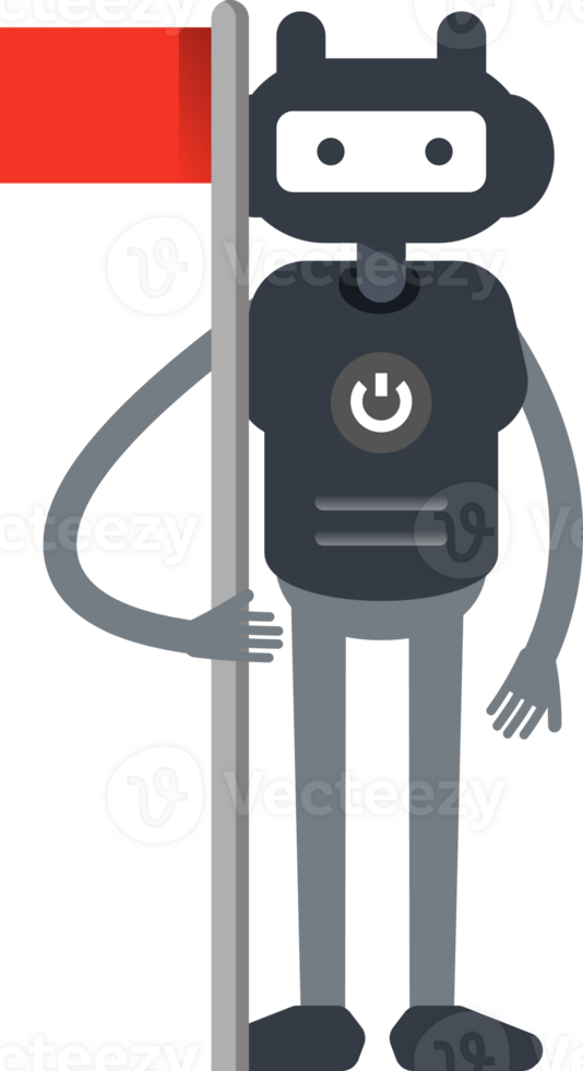 Cute Black Humanoid Robot Character Holding Red Flag Pole png