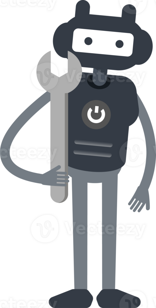 Cute Black Humanoid Robot Character Holding Wrench png
