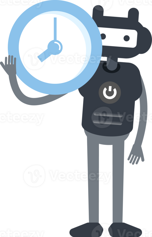 Cute Black Humanoid Robot Character Holding Clock png