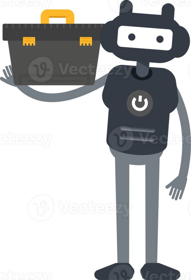 Cute Black Humanoid Robot Character Holding Toolbox Illustration png