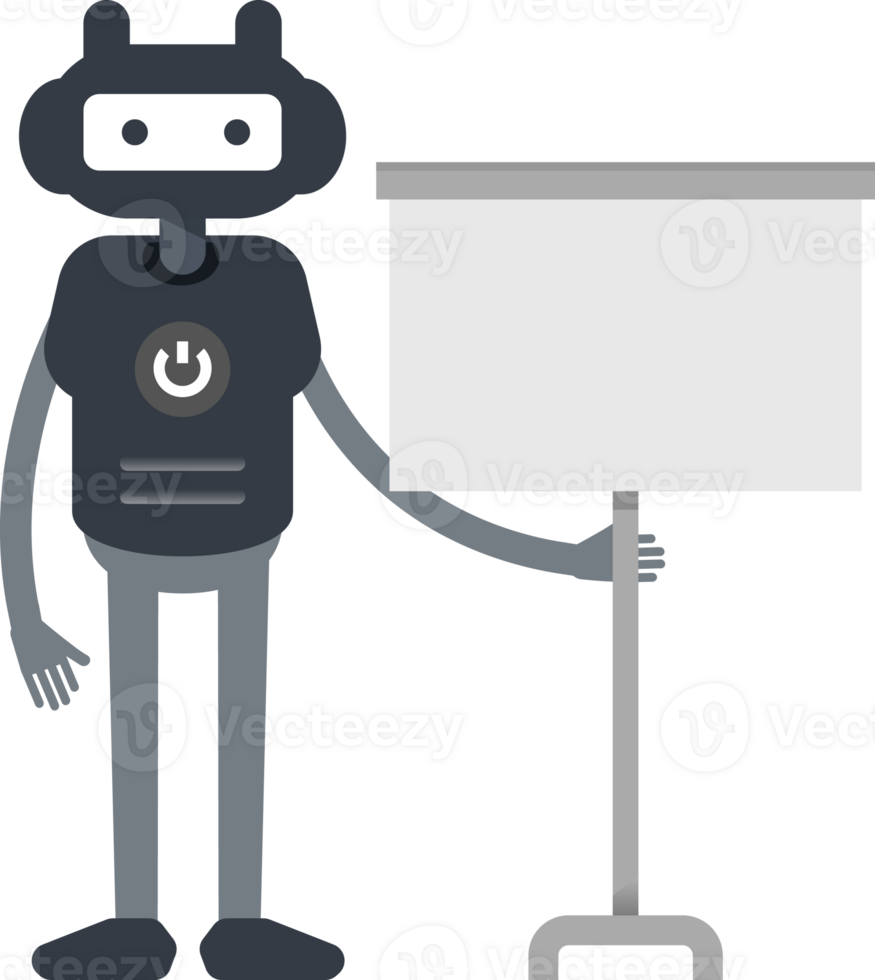 Cute Black Humanoid Robot Character Presenting Whiteboard png
