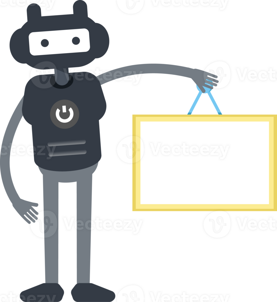 Cute Black Humanoid Robot Character Holding Blank Signage png