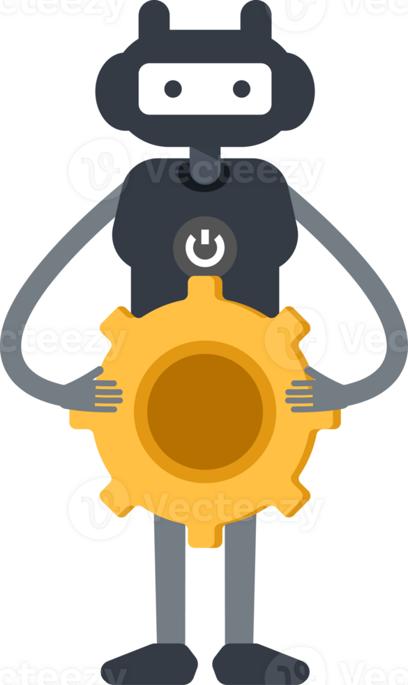 Cute Black Humanoid Robot Character Holding Gear png