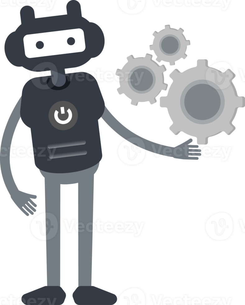 Cute Black Humanoid Robot Character Holding Gears png