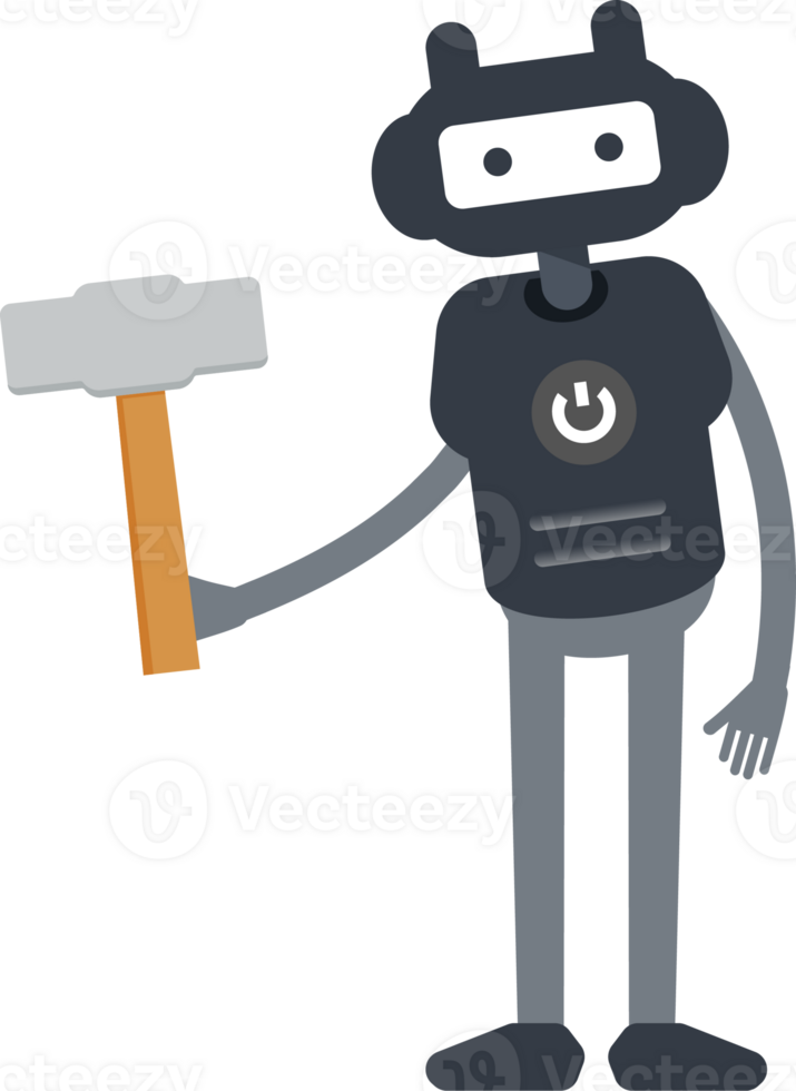Cute Black Humanoid Robot Character Holding Sledge Hammer png