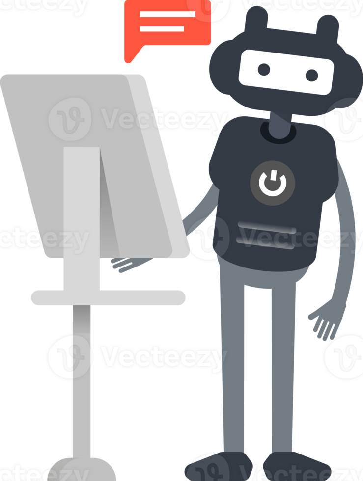 Cute Black Humanoid Robot Character Working on Computer png