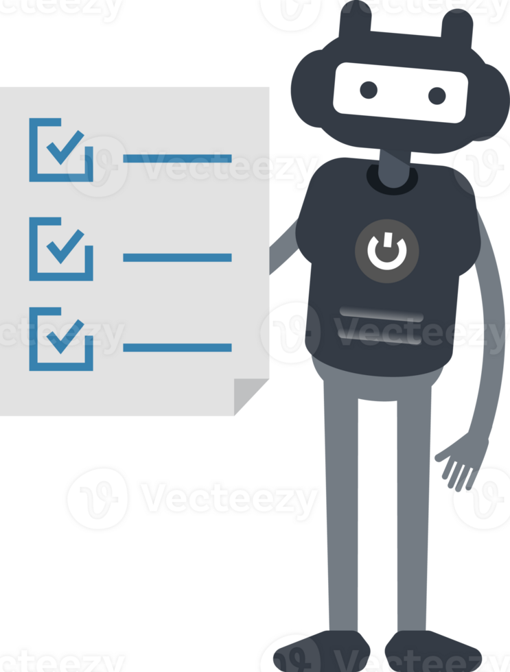 Cute Black Humanoid Robot Character and Check List Document png