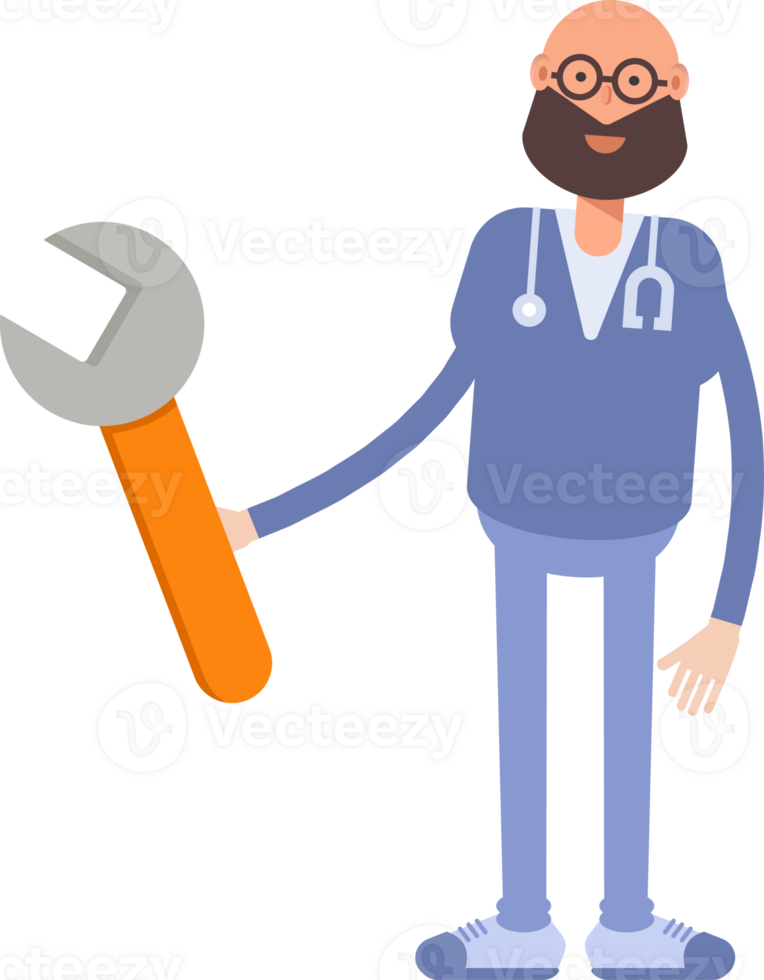 Male Physician Character Using Wrench Tool png