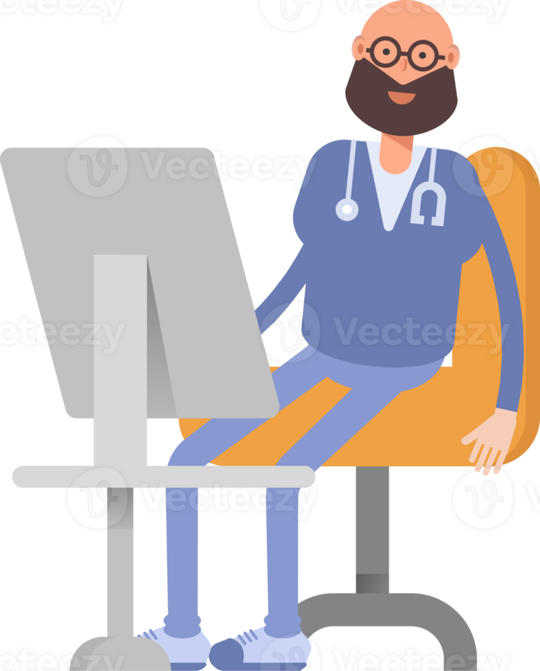 Male Physician Character Working on Desktop png
