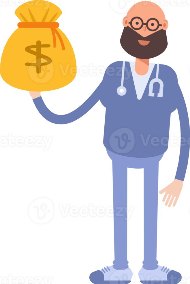 Male Physician Character Holding Dollar Sack png