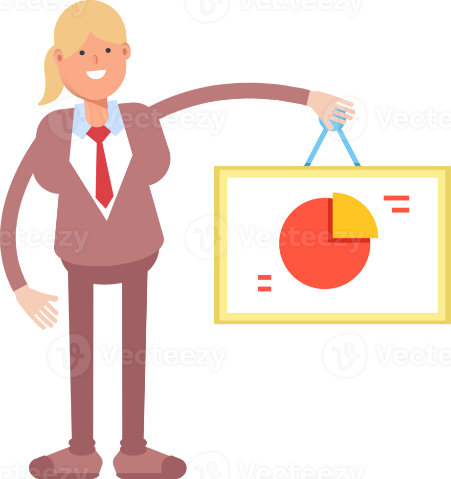 Businesswoman in Suit Character Holding Pie Chart Signage png