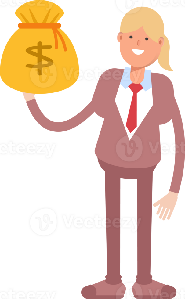 Businesswoman in Suit Character Holding Dollar Sack png