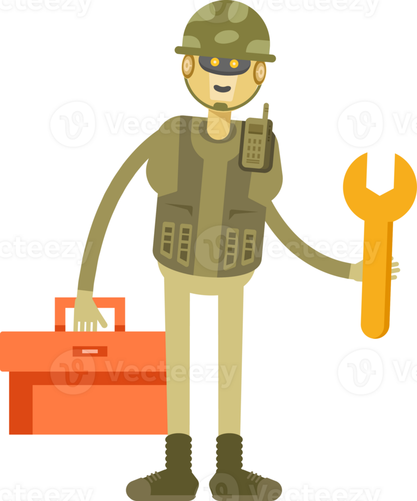 Robot Soldier Character Holding Toolbox and Wrench png