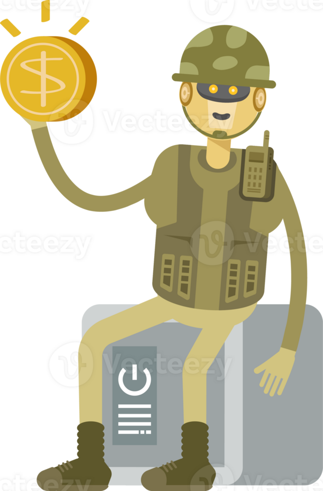 Robot Soldier Character Sitting on Safe and Holding Dollar Coin png