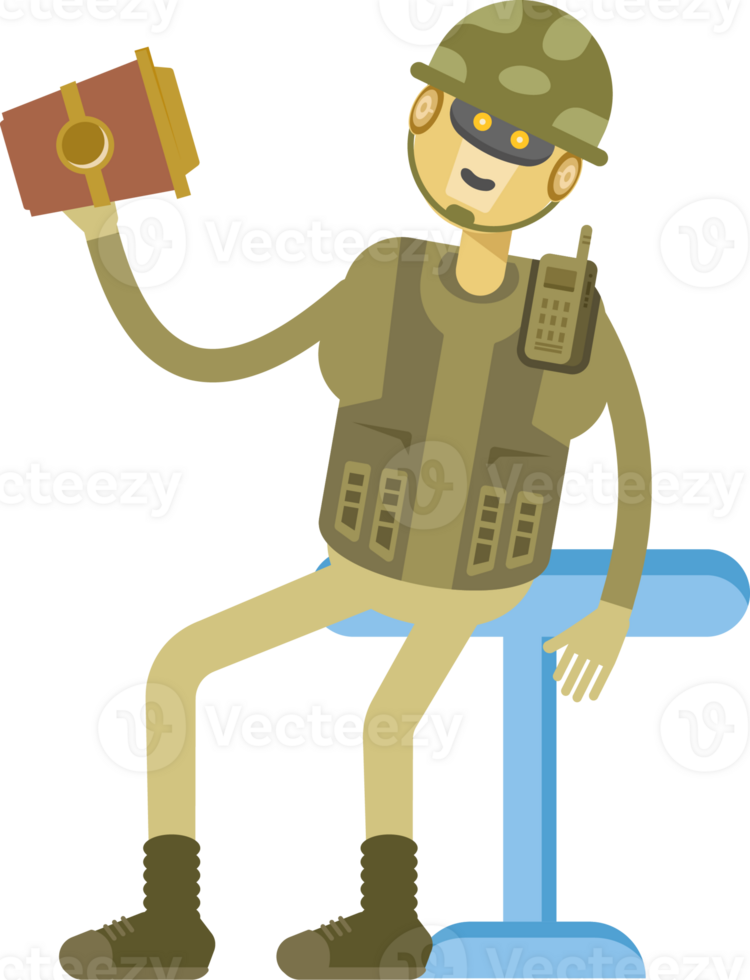 Robot Soldier Character Sitting and Drinking Coffee png