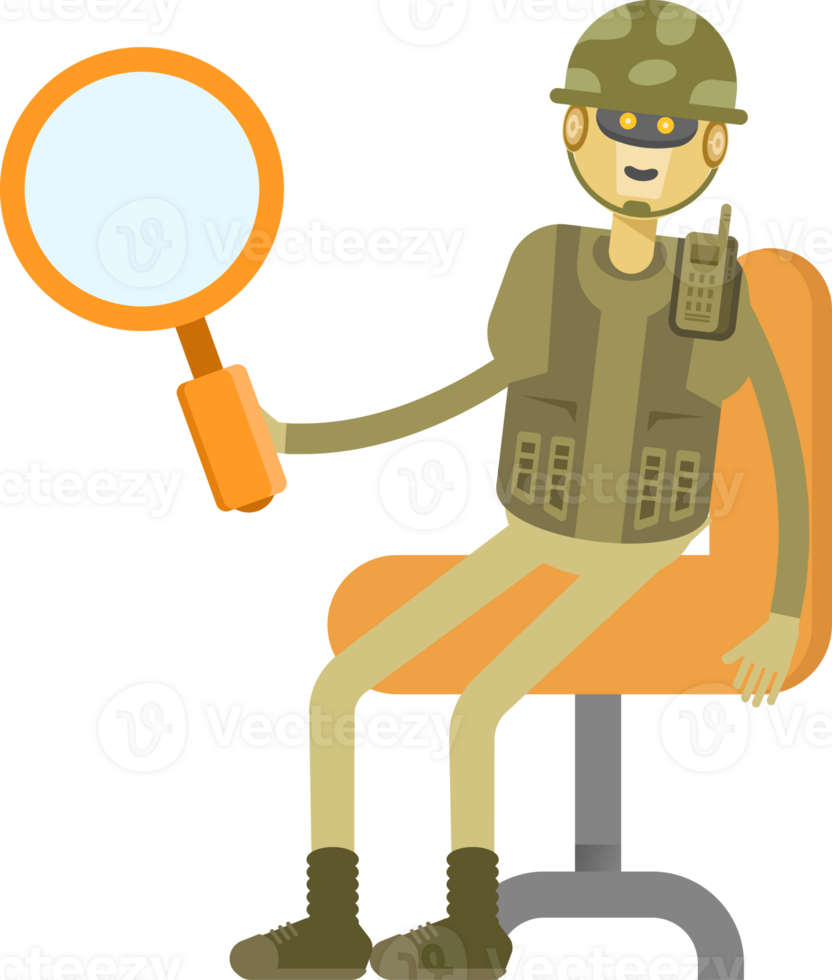 Robot Soldier Character Sitting and Holding Magnifier png