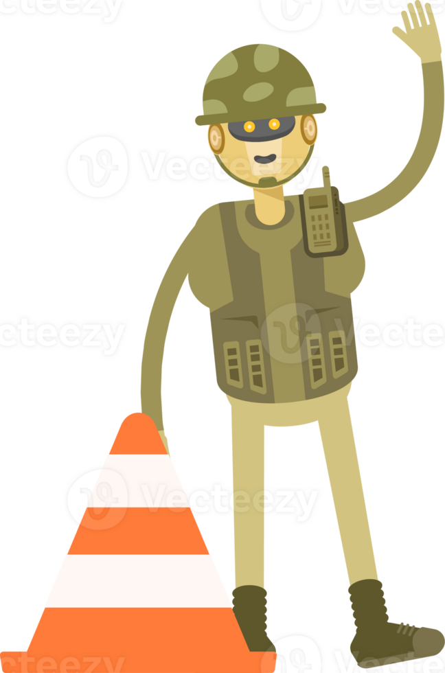 Robot Soldier Character Raising Hand and Traffic Cone Illustration png