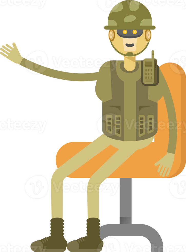 Robot Soldier Character Sitting on Office Chair png