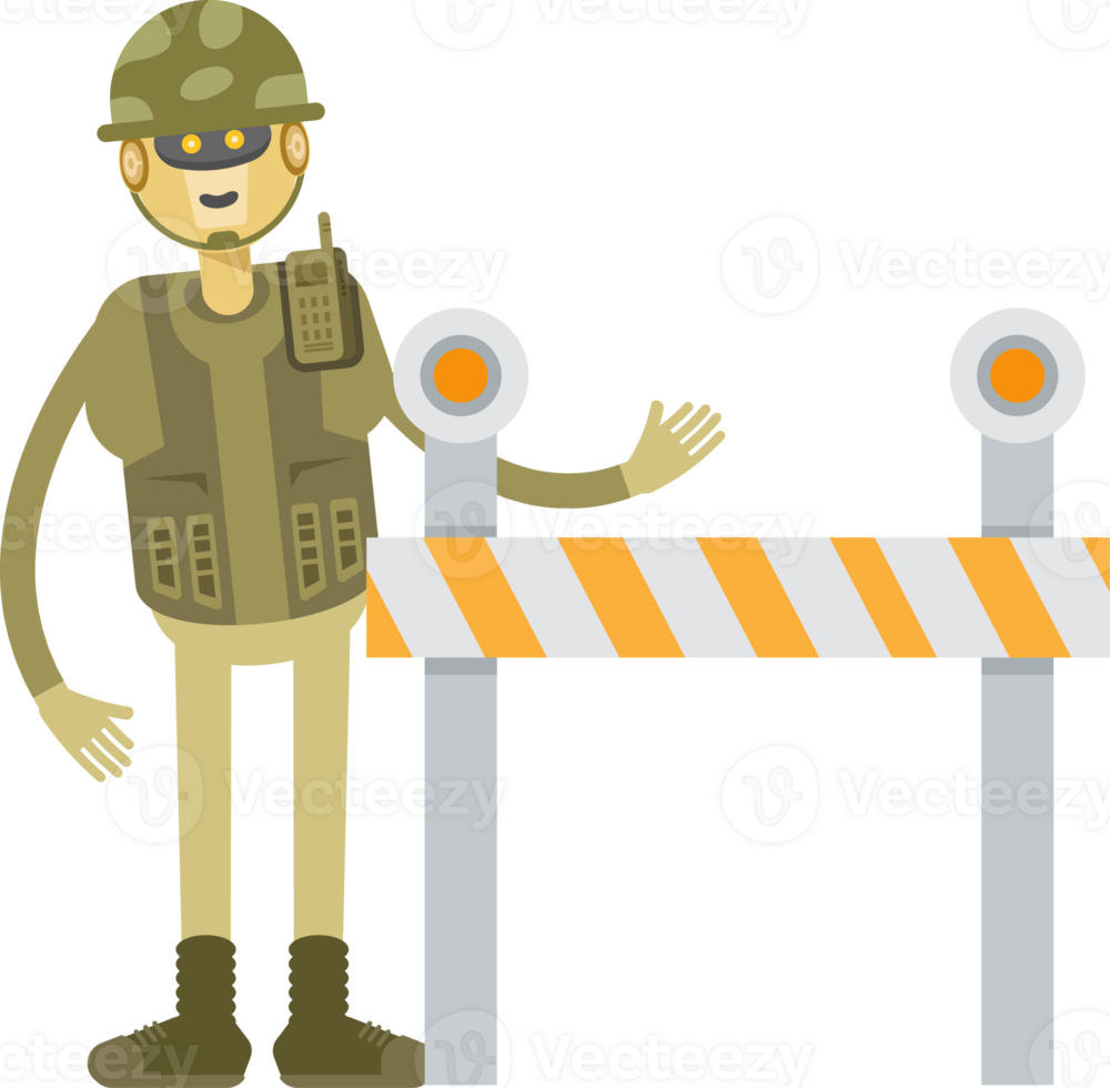 Robot Soldier Character Standing with Road Barrier Illustration png