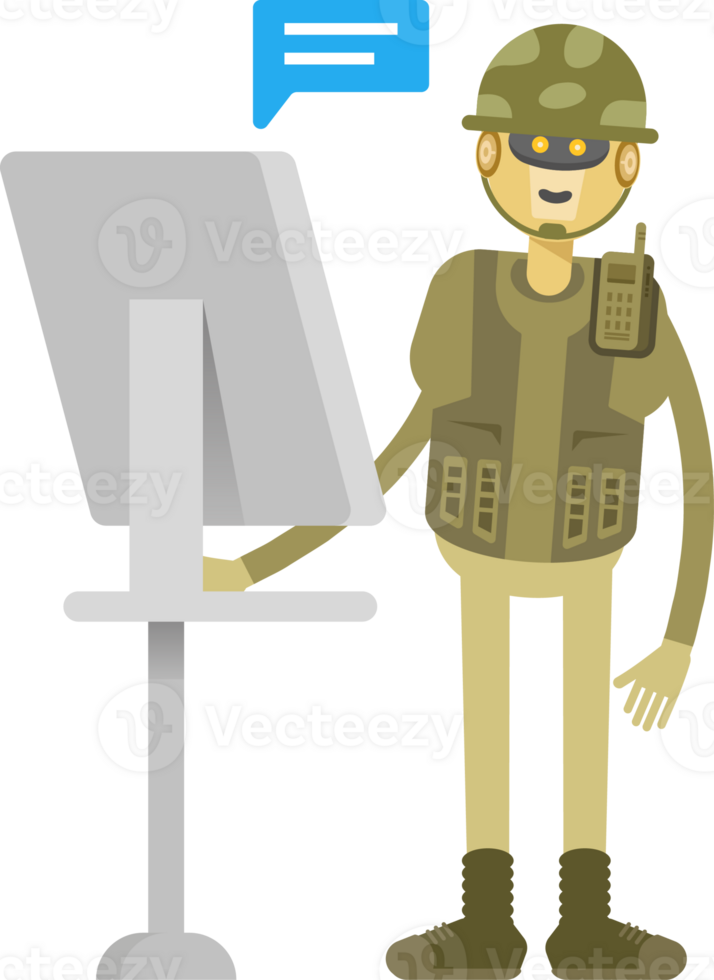 Robot Soldier Character Working on Computer png