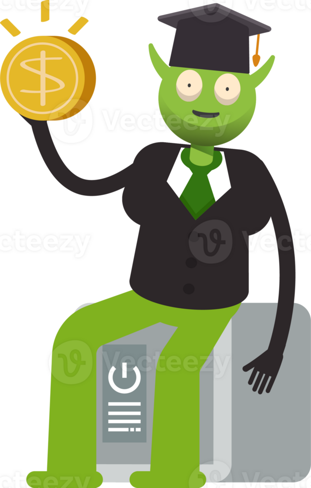 Monster Student Character Sitting on Safe and Holding Dollar Coin png