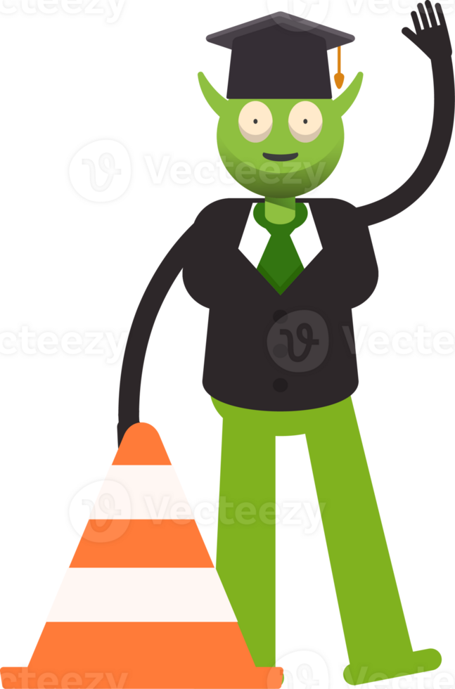 Monster Student Character Raising Hand and Traffic Cone Illustration png